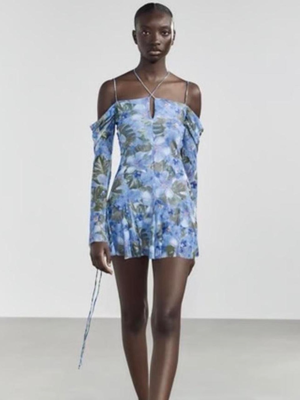 Zara Blue Floral Off-Shoulder Halter  Mini Dress
